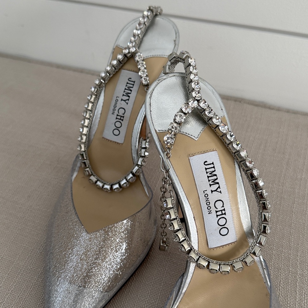 LIKE NEW-Jimmy Choo Saeda 100 Glitter Plexi Pumps with Crystal Embellishment - Picture 2 of 9